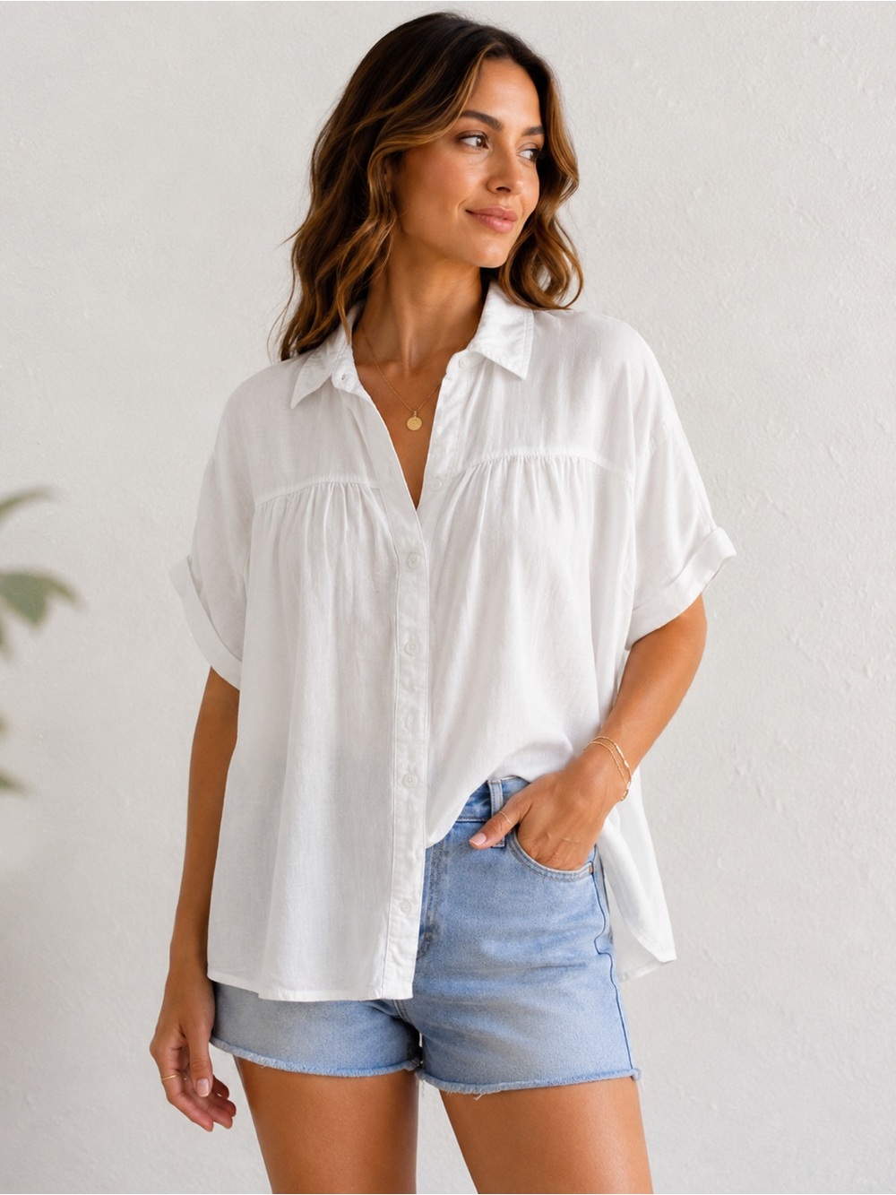 Rayon linen blend Relaxed White Button-Down Shirt 2X